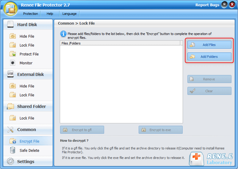 add files or folders to encrypt in renee file protector