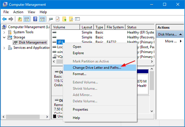 change drive letter in disk management