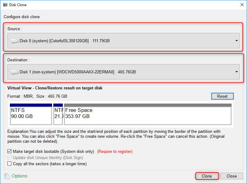 clone data to a new disk when there is not enough space on ssd