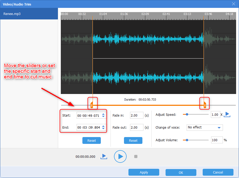 use the renee audio converter function to cut music