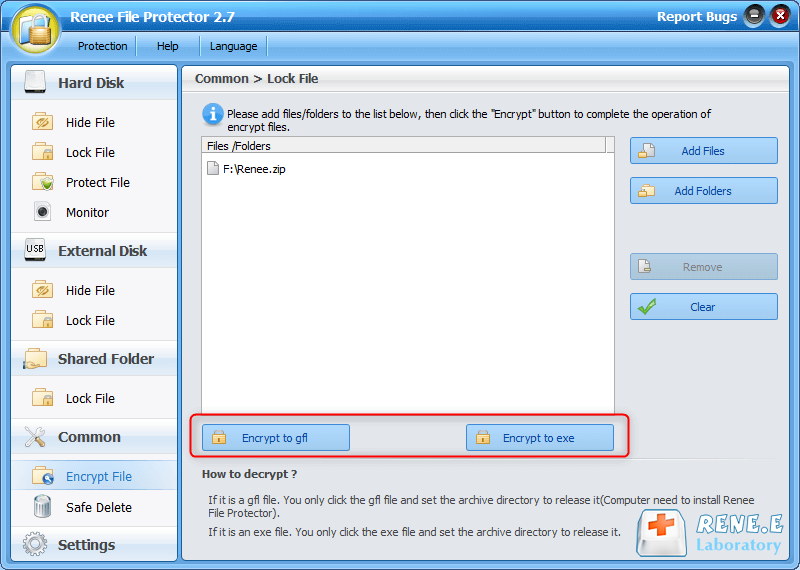 use renee file protector to encrypt to gfl or exe password protected zip file