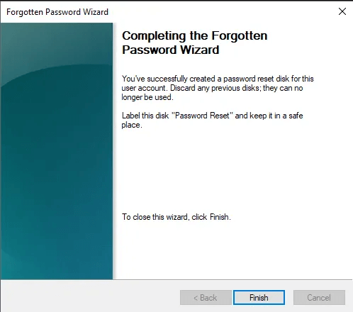 complete the password reset disk finish