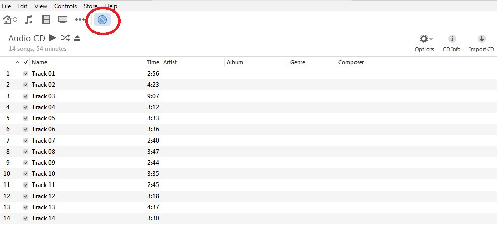 click the button to import cd to itunes to import