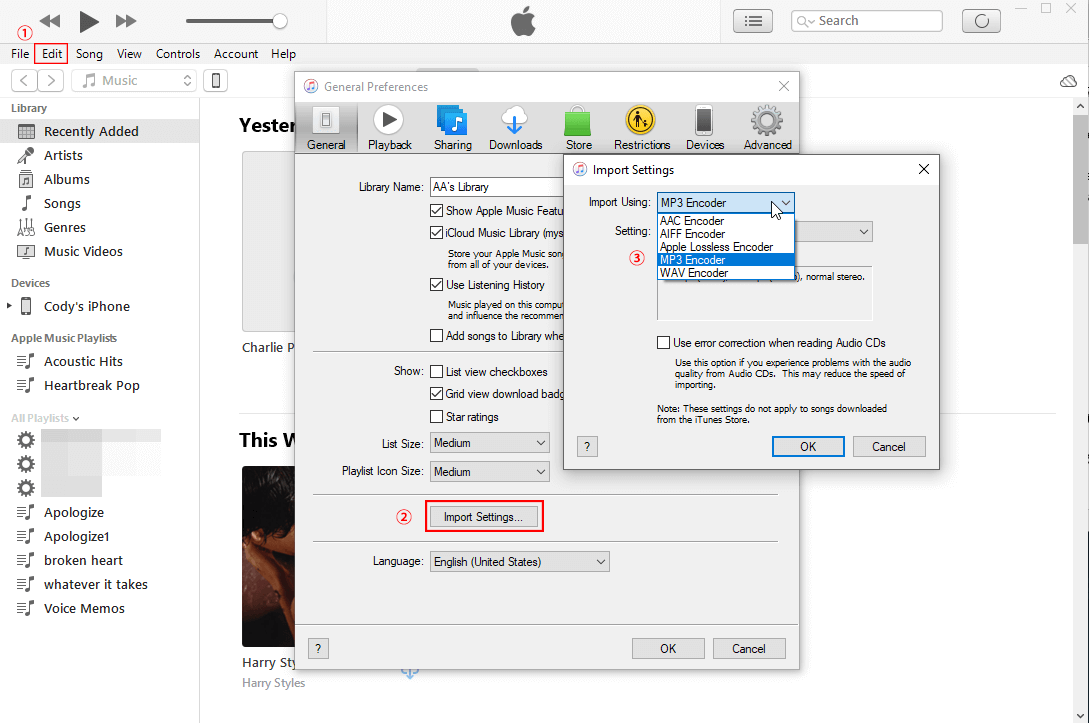 go to itunes import settings to select mp3 encoder