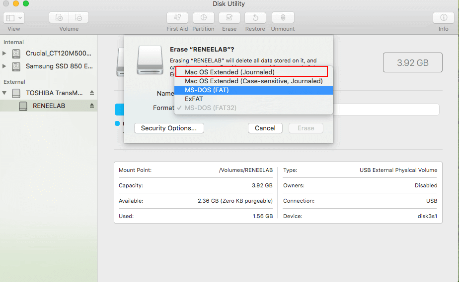 Encrypt USB Drive in Mac OS erase the disk and change the new format in mac