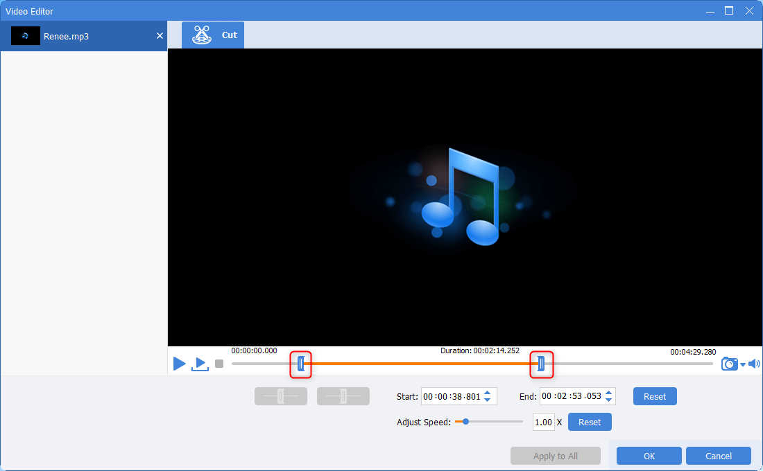move the sliders to cut mp3 in renee video editor pro