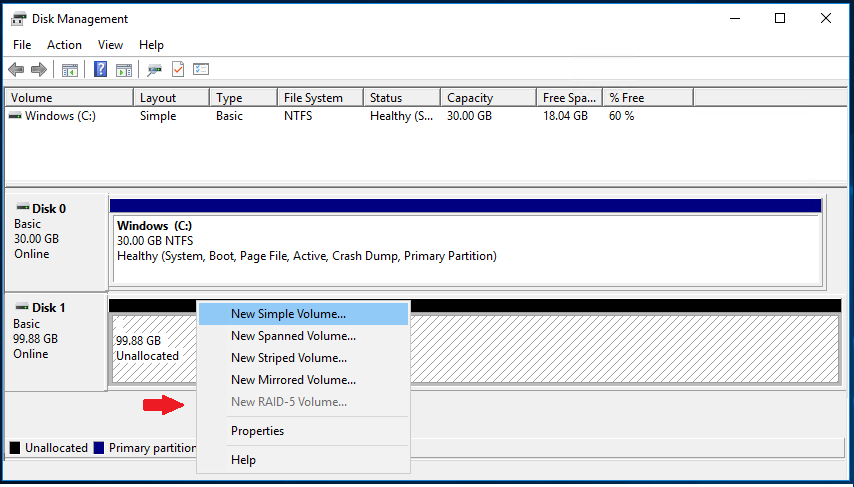 add new simple volume to initialize disk in disk management