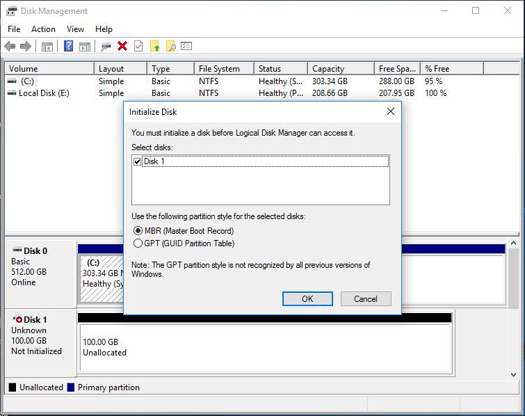 select gpt or mbr as the partition style