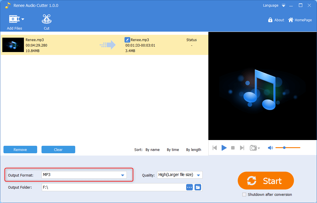 select mp3 format to output in renee audio cutter