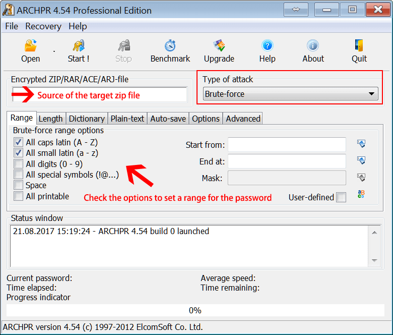 set a range on archpr to crack password