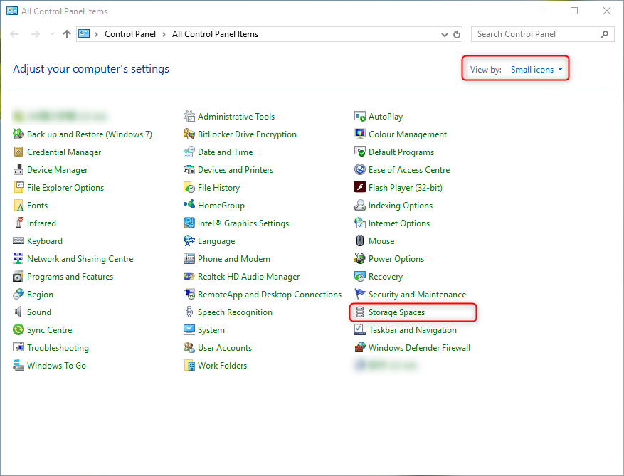 view storage spaces in control panel