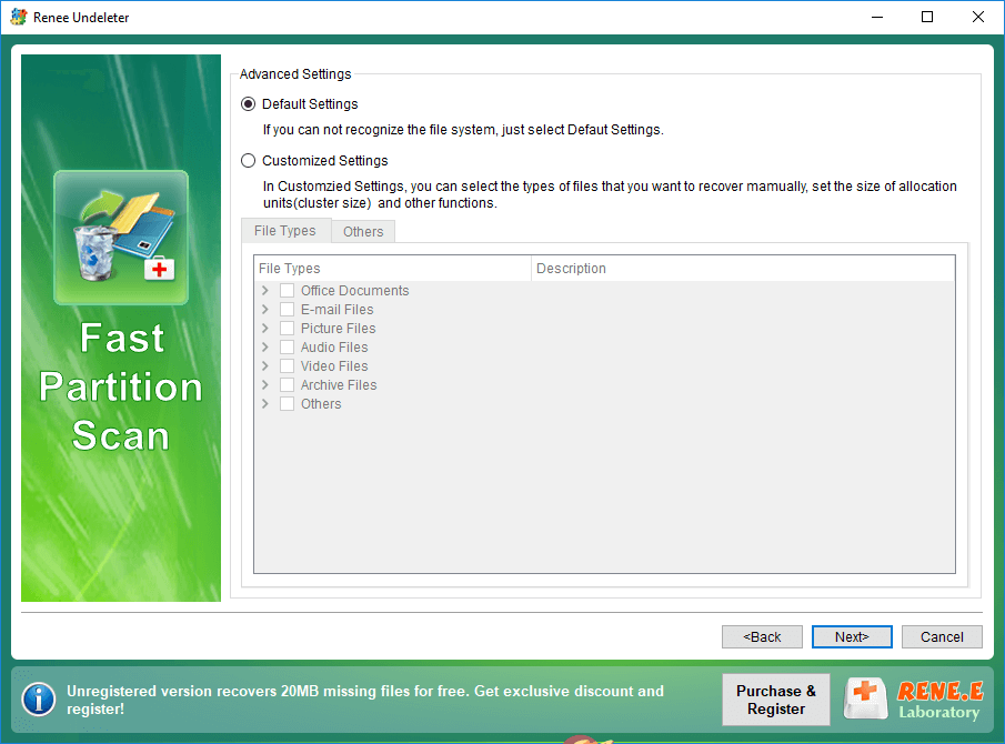 selezionare i tipi di file nella scansione rapida della partizione