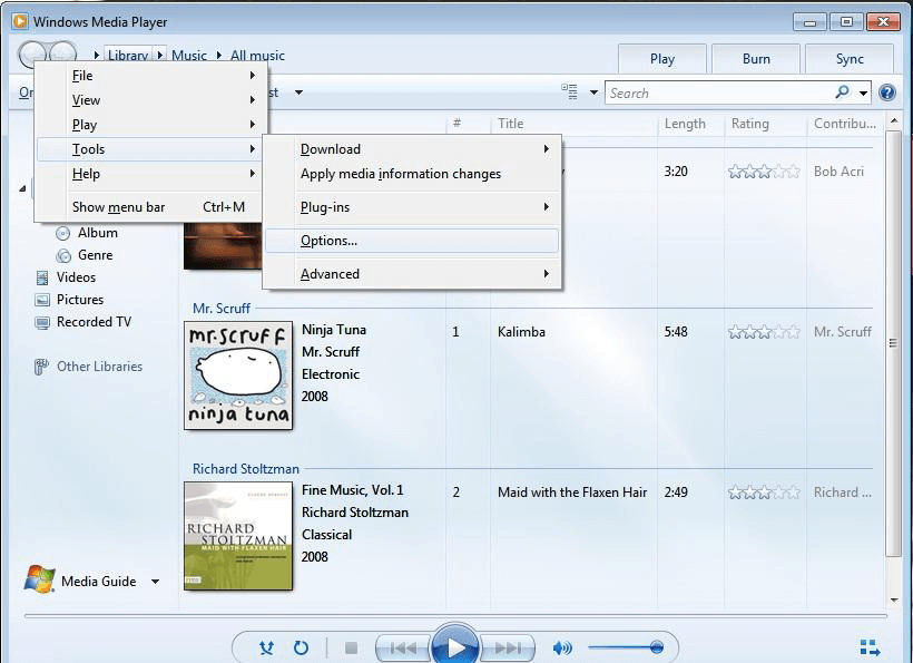select windows media player options in tools