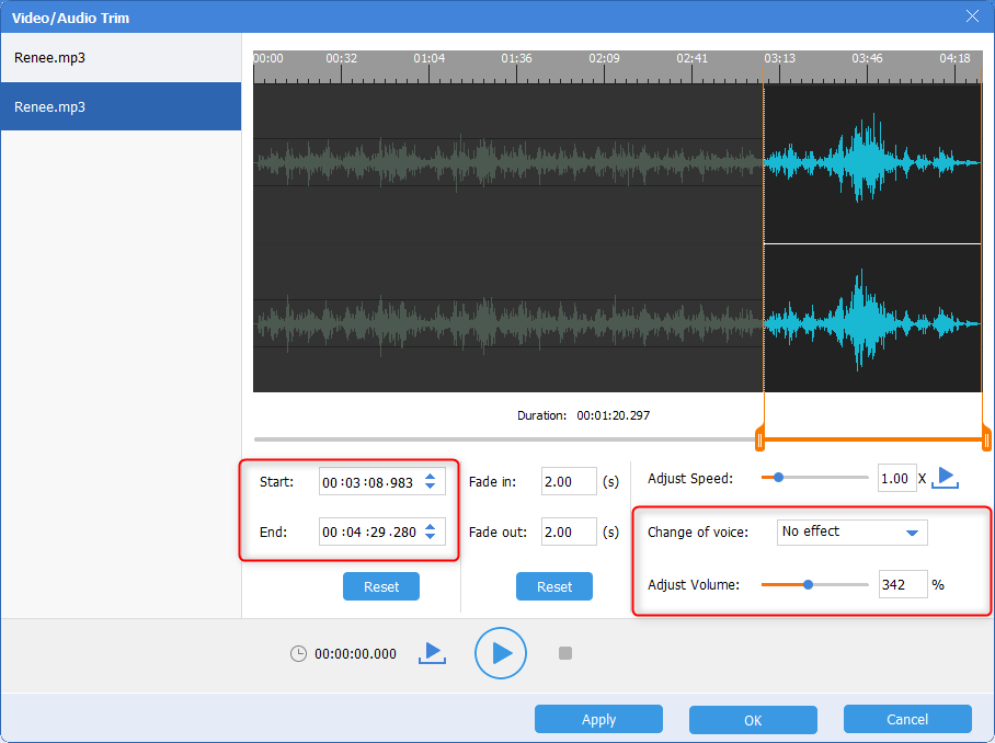 change audio voice or adjust volume to cut in renee audio tools