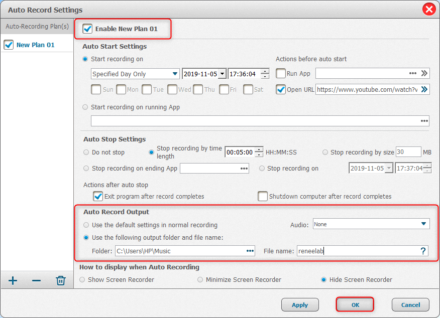 auto record out settings