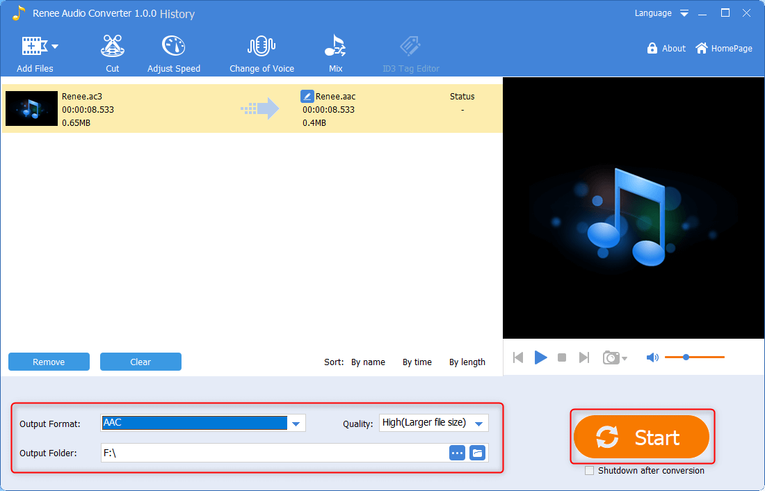 click start to convert ac3 to aac in renee audio converter