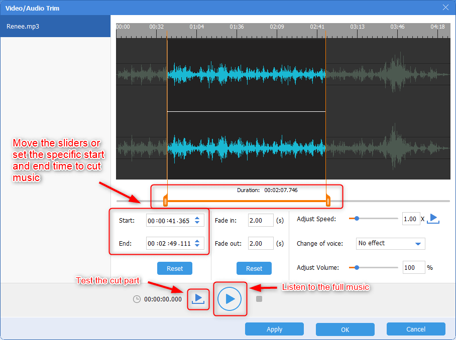 cut and test the cut music in renee audio tools