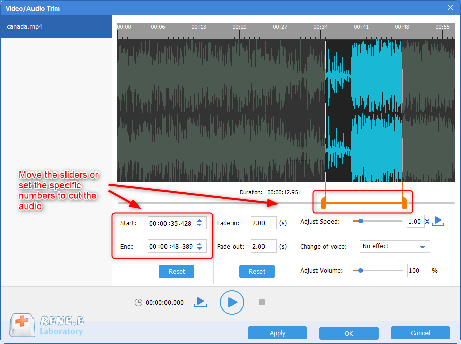 cut the audio part of a mp4 video in renee audio tools