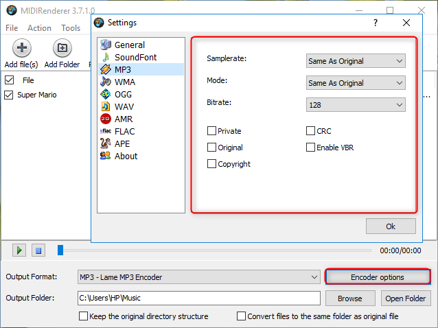 check options of encoder option in midirenderer
