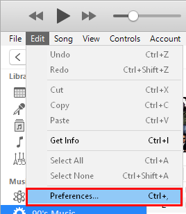 click to file and select preferences in itunes
