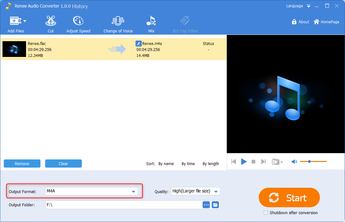 select m4a as the output format in renee audio converter