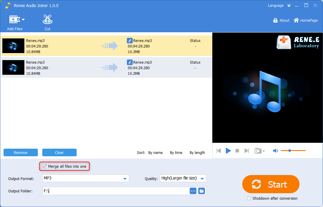 click to combine audio files into one in renee audio joiner