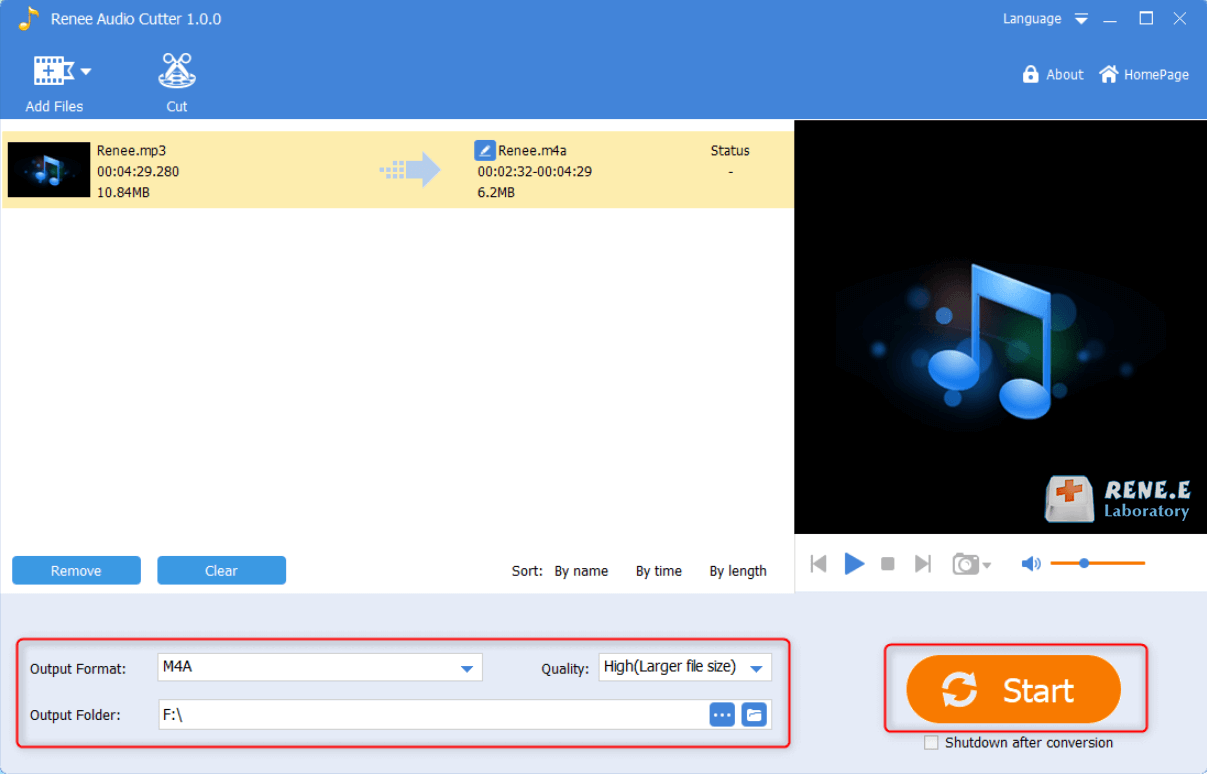 start to output and save m4a file in renee audio tools