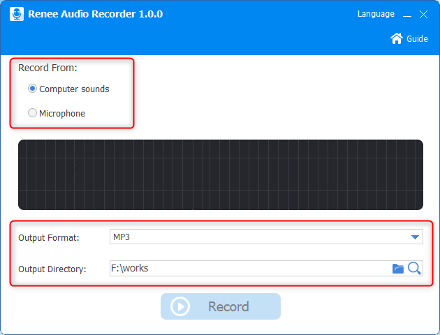 set output format record source and folder in renee audio tools