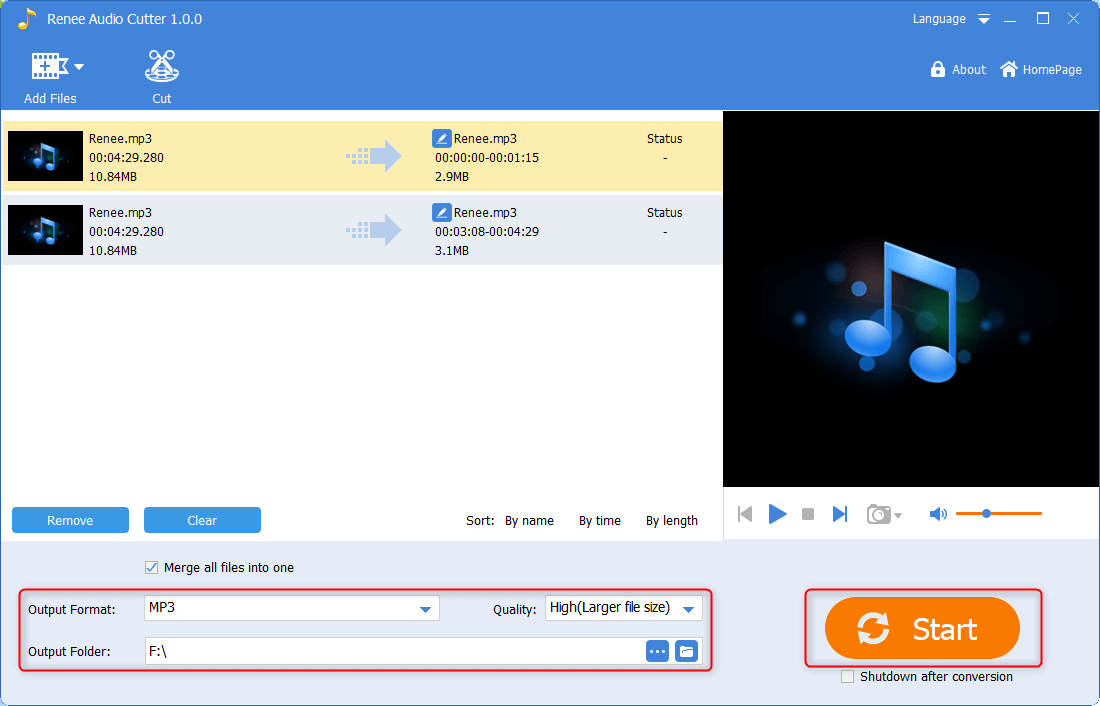 select the output format and folder and save in renee audio cutter