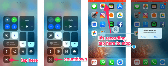 tap to begin recording screen on iphone