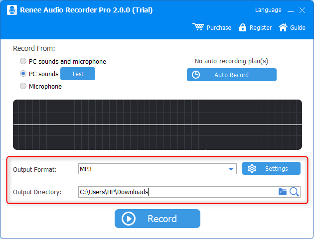 select the output format and output directory in renee audio recorder pro