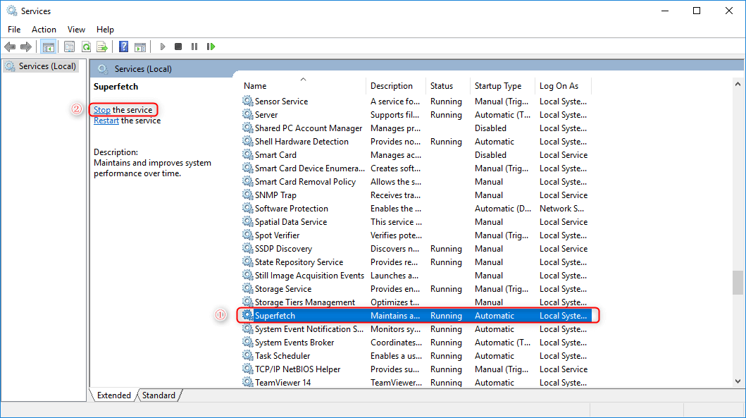 stop superfetch in services to fix the error svchost.exe service host: local system (network restricted)