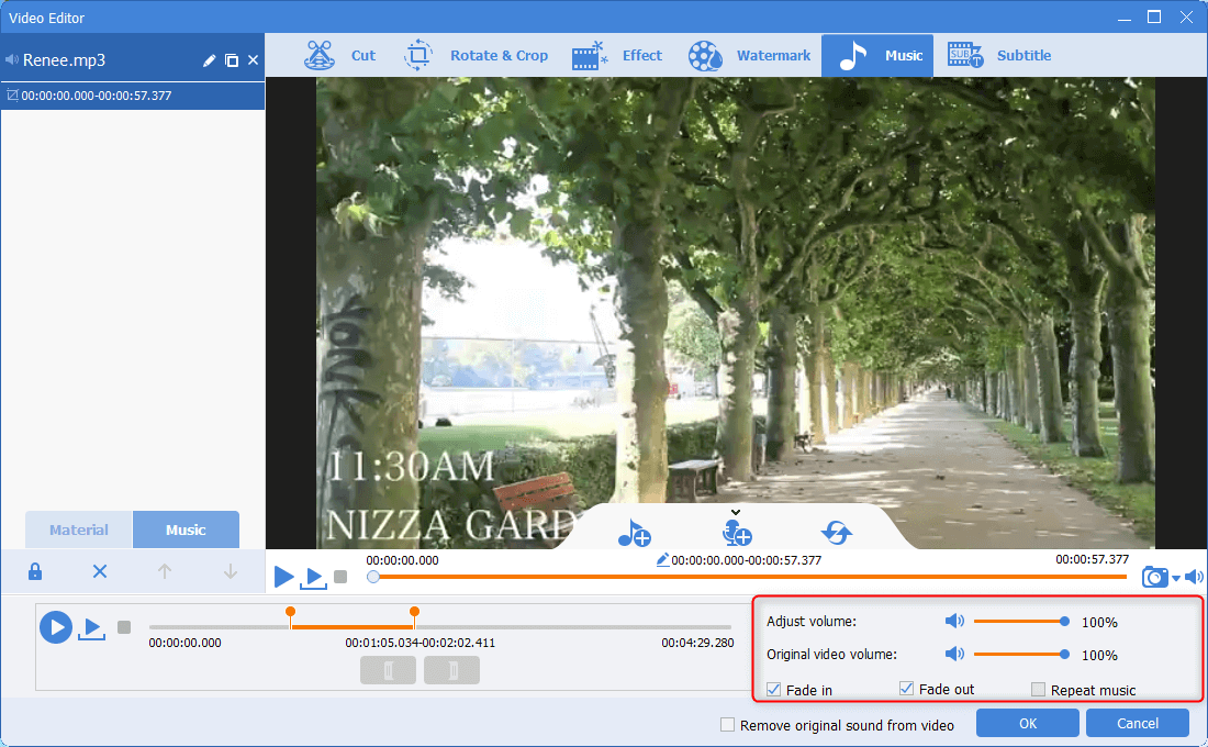 add sound effects to the background music in renee video editor pro