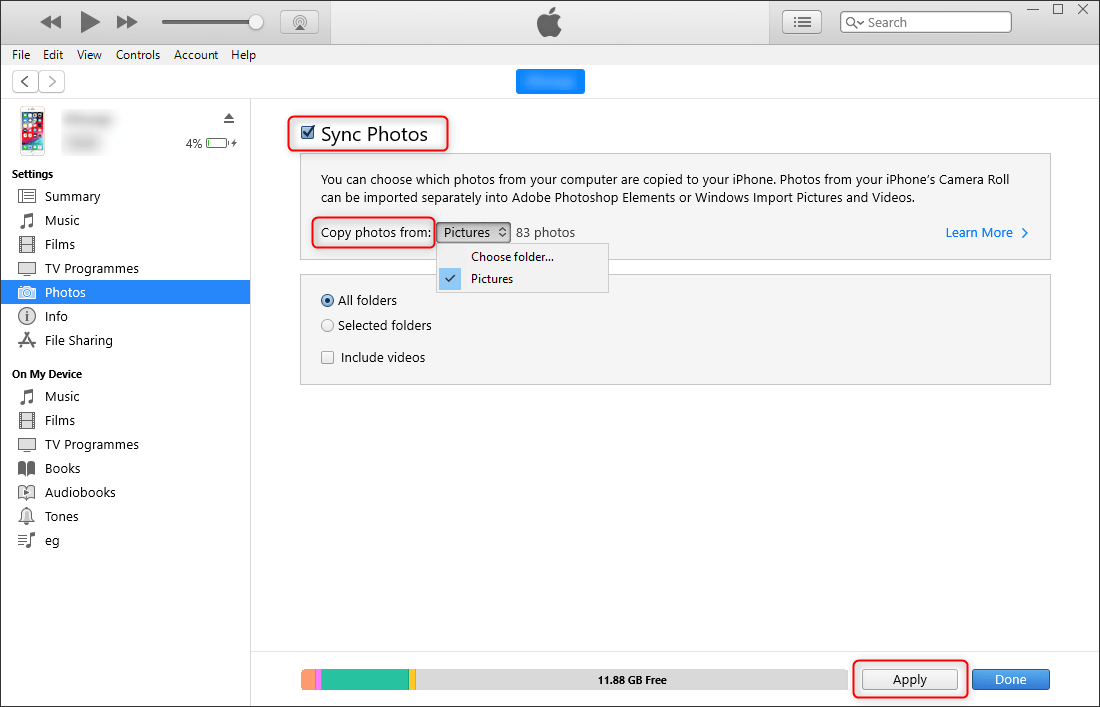 how to transfer the folder of photos from sd card to itunes on computer and to iphone