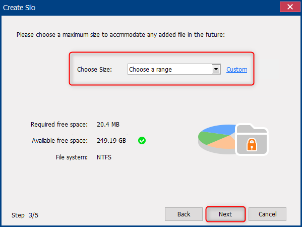 select a size range for the virtual disk in renee secure silo