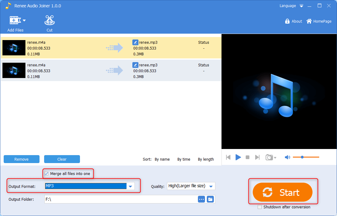 combine m4a files and output as mp3 in renee audio joiner