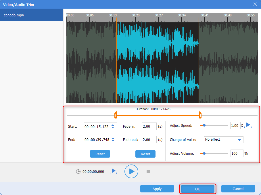 cut mp4 audios before converting to mp3 in renee audio tools
