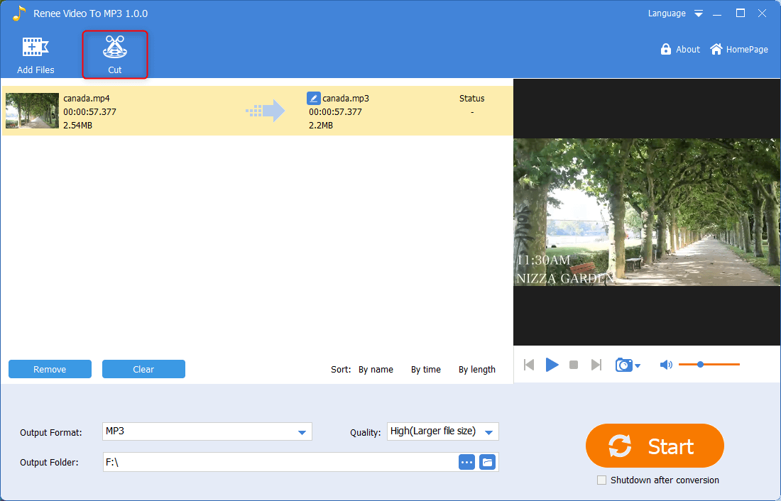 select to cut the video in renee audio video to mp3