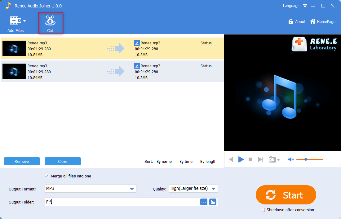 select to cut audio files in renee audio joiner