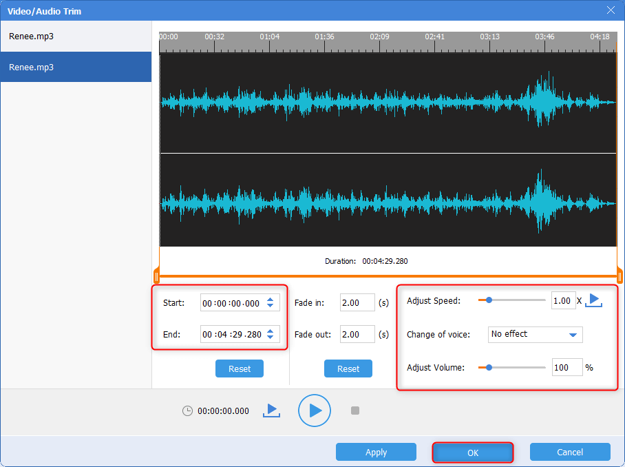 use renee audio cutter to cut the audio files and adjust the effects