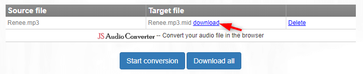 download the file after being converted from mp3 to midi in bearaudio