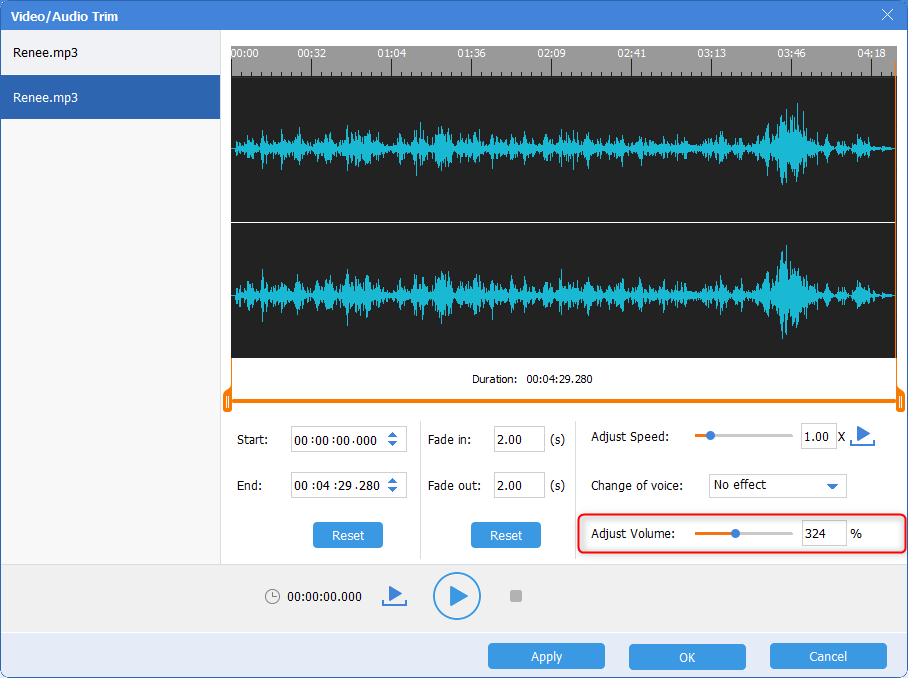 increase volume for the second song with renee audio tools