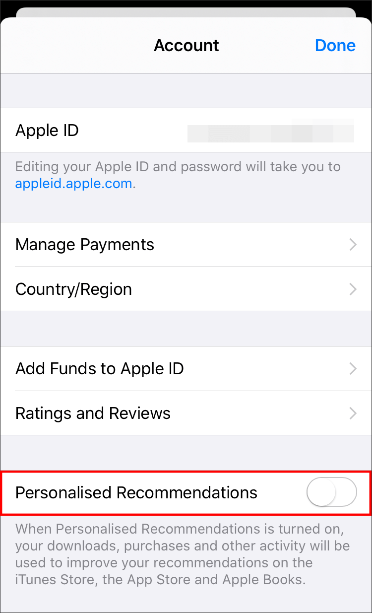 disable iphone personalised recommendations when itunes won't sync music