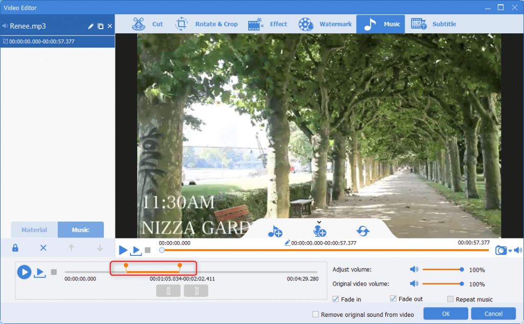 select the position to add the background music in renee video editor por
