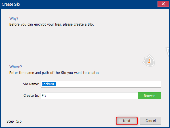 name for the disk and set the storage position in renee secure silo