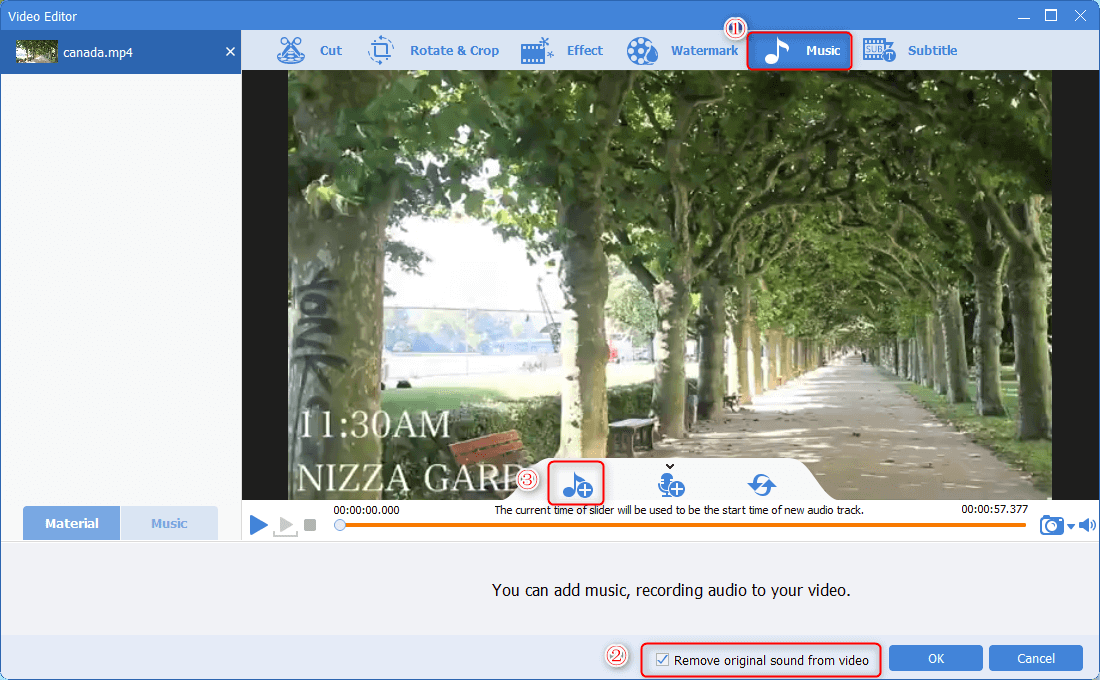 remove the original sounds from the video and add the audio file in renee video editor pro