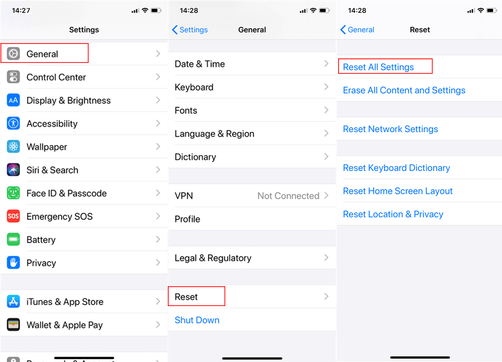 reset all settings in iOS device