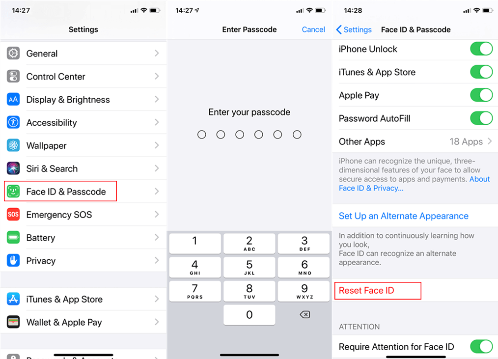 reset face id for iphone