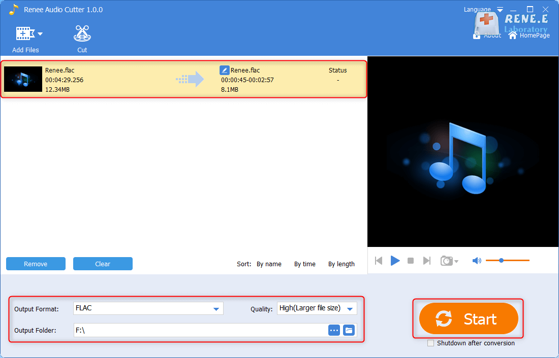 start to output and save the cut flac file in renee audio cutter youtube to flac free online converter