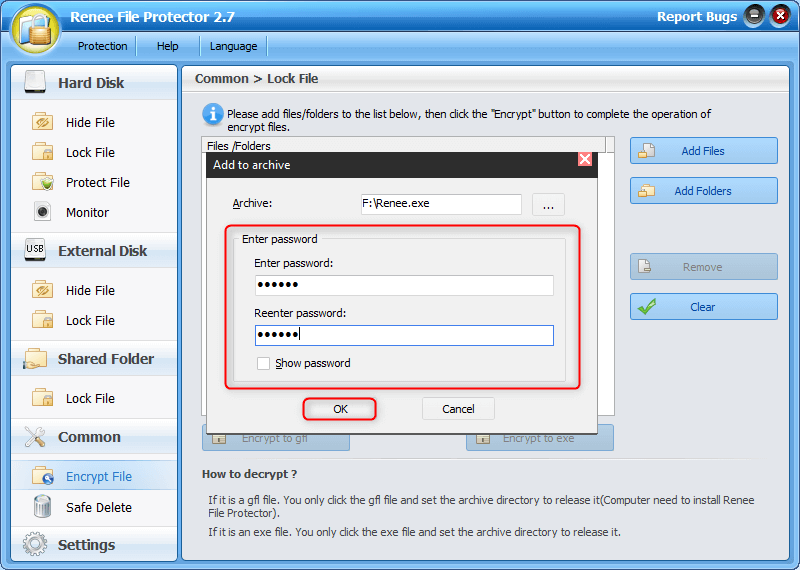 set a password to encrypt the file in renee file protector